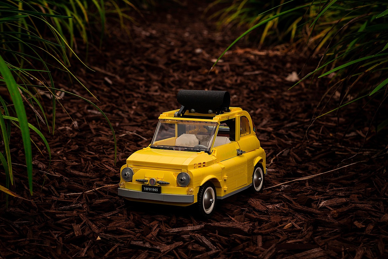 car, miniature, lego, toy, trail, car wallpapers, fiat500, nature, autumn