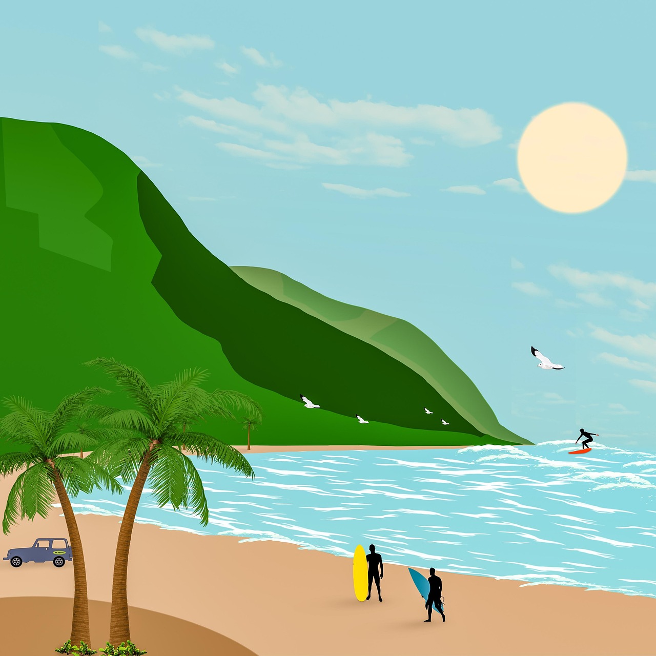 ocean, waves, surfing, surfer, surfboard, shore, seagulls, nature, palm trees, jeep, automobile, sun, summer, hawaii