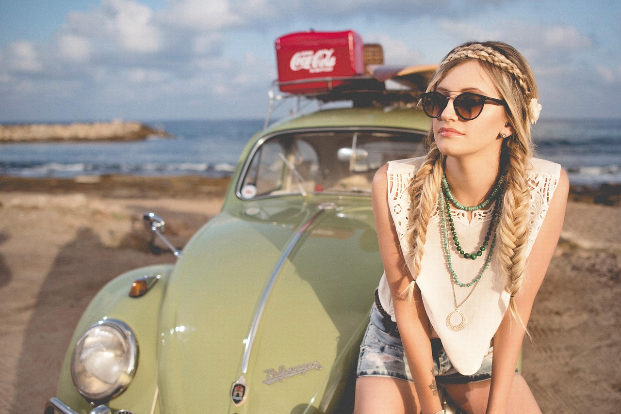 woman, nature, fashion, model, hippie, braided hair, hairstyle, blonde, blonde woman, young woman, style, shades, sunglasses, beach, beetle, classic car, girl, ocean, outdoors, person, sand, sea, seashore, summer, volkswagen