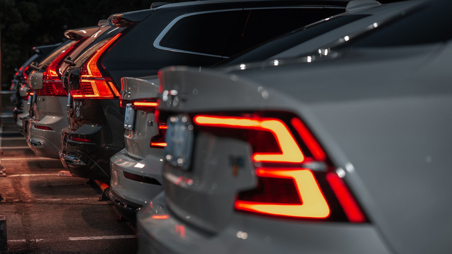 Rear view of parked Volvo cars with illuminated taillights in a night setting.