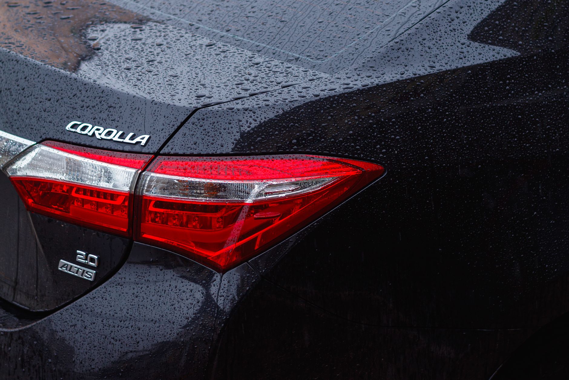 Detailed rear view of a Toyota Corolla in the rain, showcasing raindrops on the car surface.