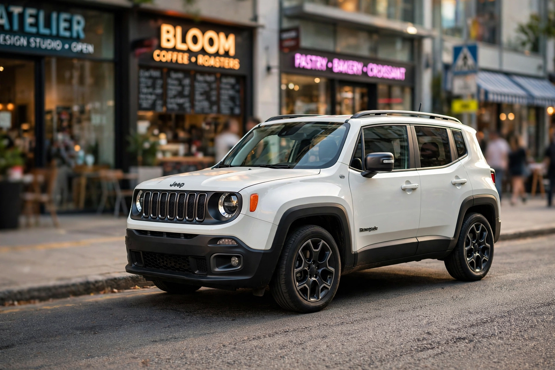 Jeep Renegade branco estacionado em rua urbana de Jaci