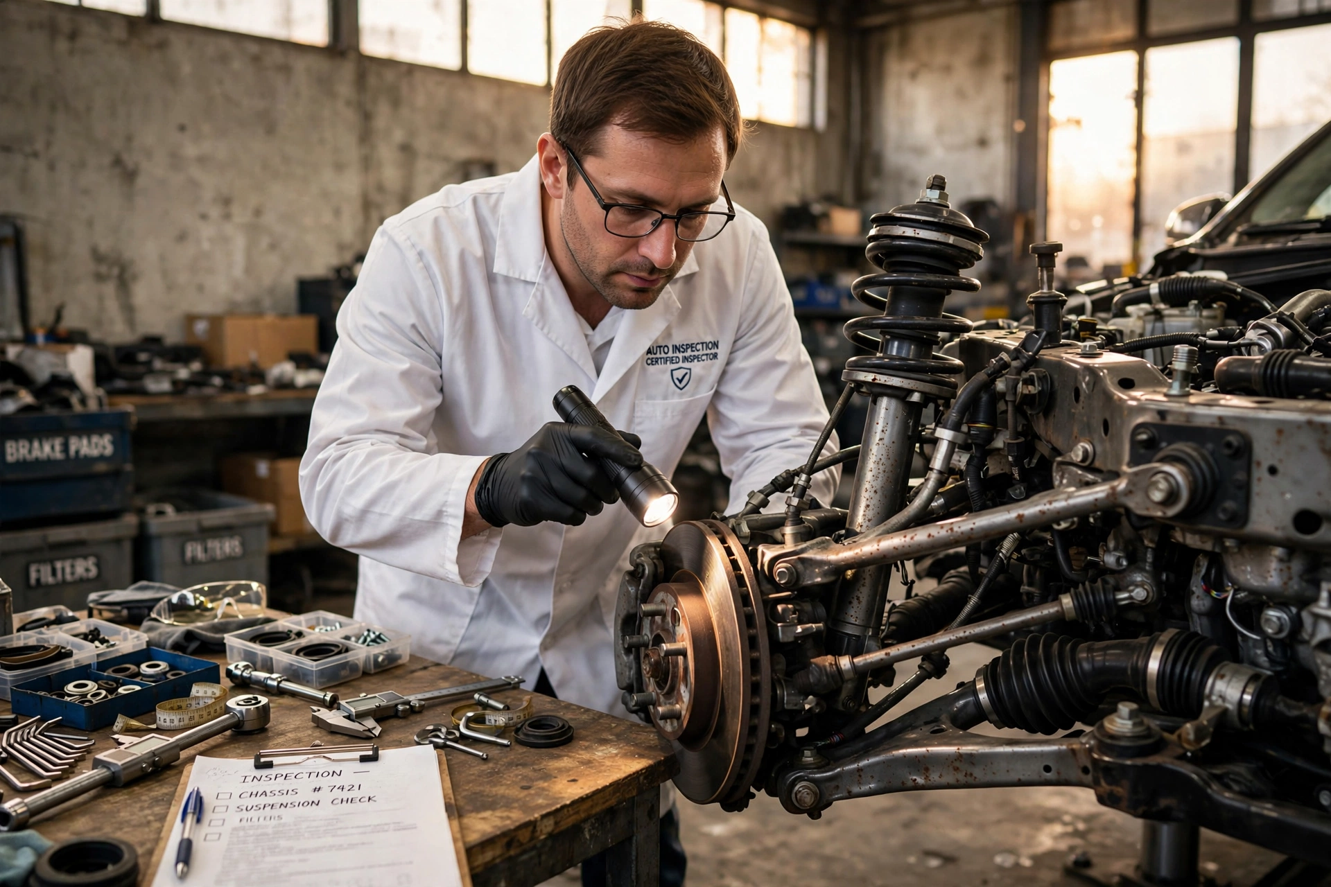 Inspetor automotivo realizando perícia de chassis em veículo seminovo