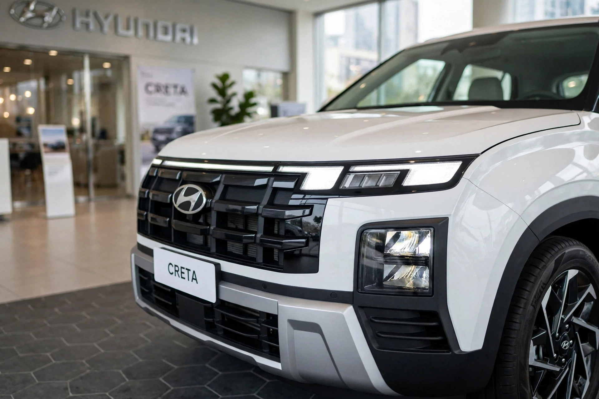 Hyundai Creta seminovo branco estacionado em showroom