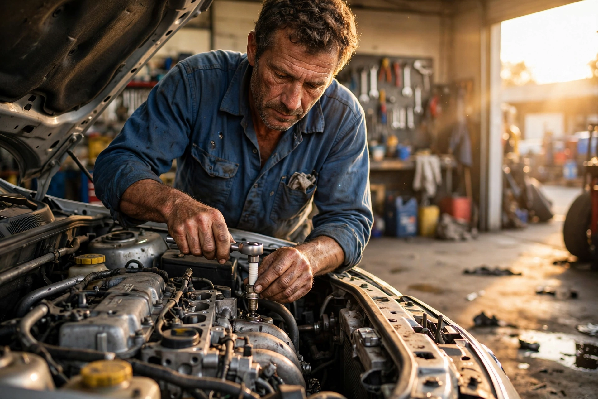 Mecânico inspecionando motor de sedan seminovo