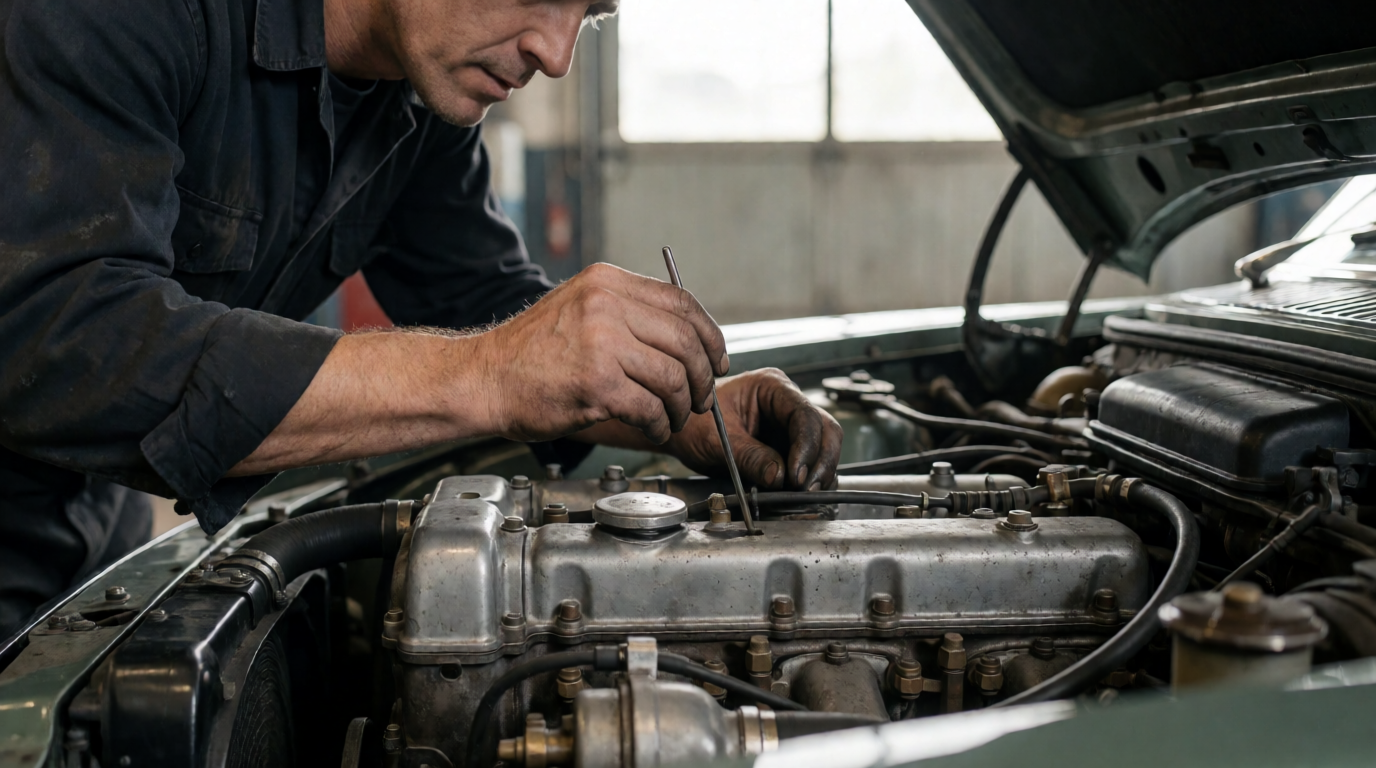 Mecânico inspecionando motor de carro seminovo