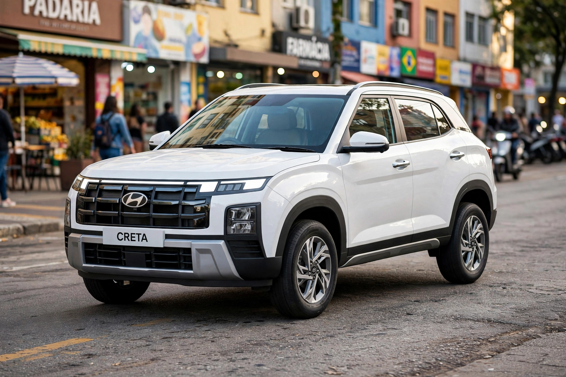 Hyundai Creta branco estacionado em rua urbana de Rio Preto