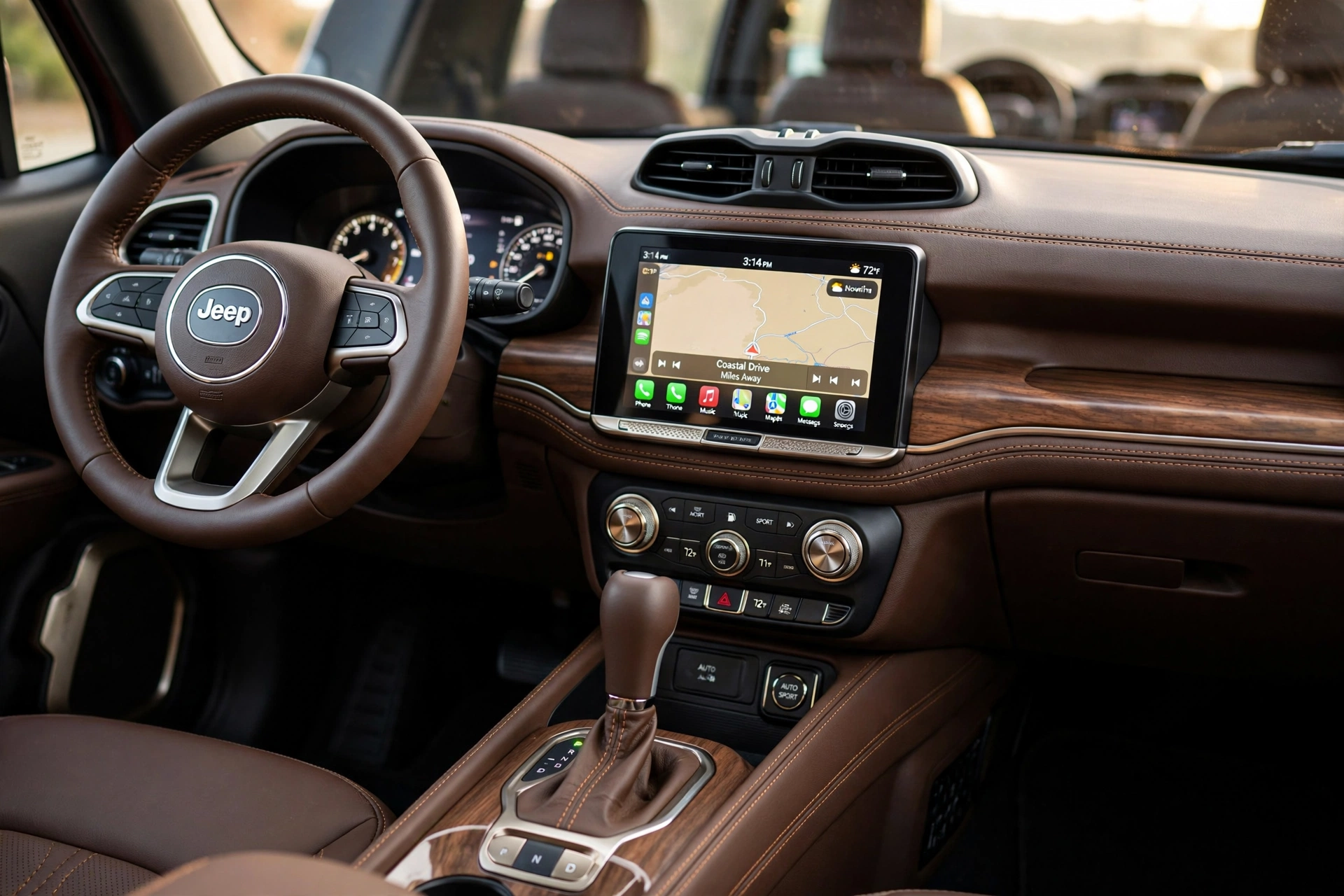 Detalhes do painel e acabamento interno de um Jeep Renegade