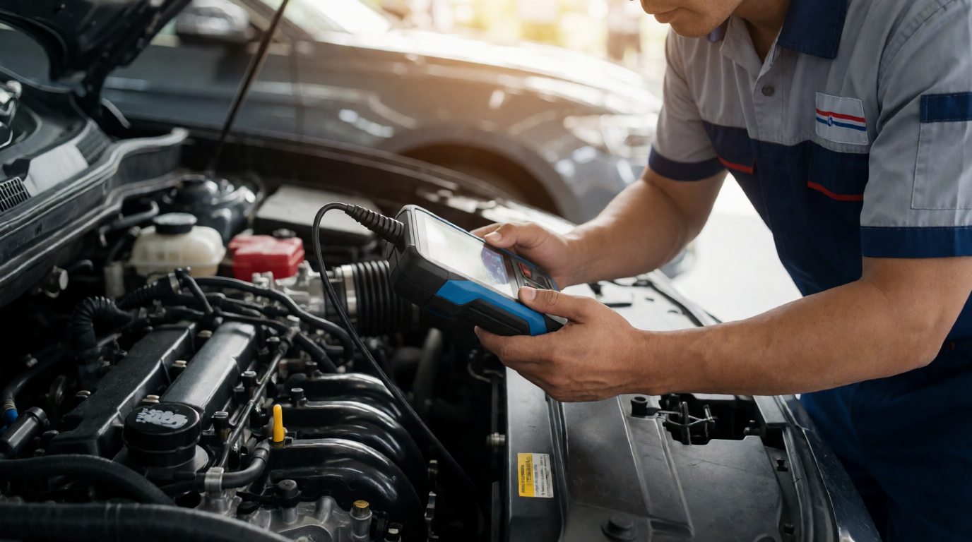 Mecânico realizando vistoria técnica em motor de carro