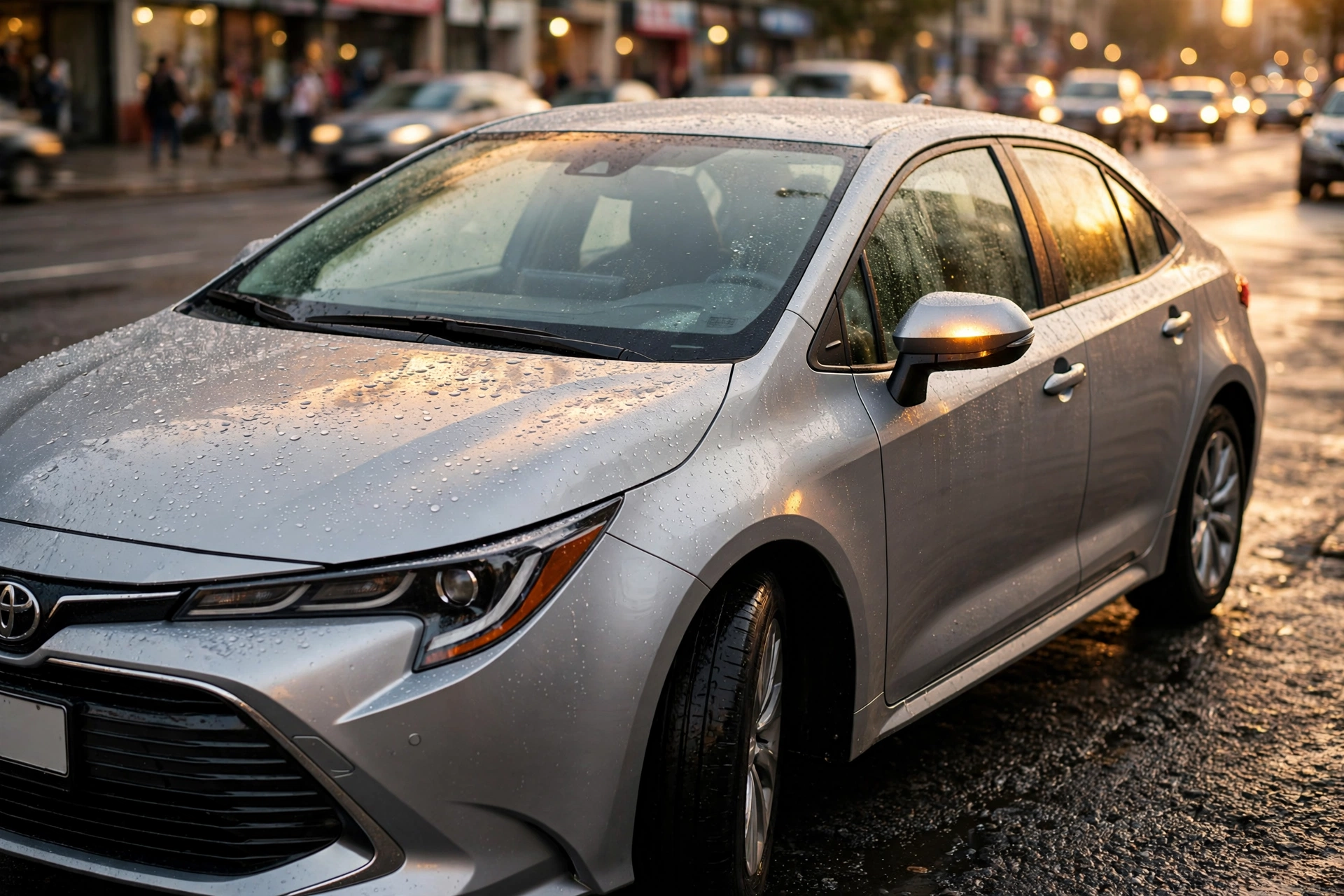 Toyota Corolla prata estacionado em ambiente urbano