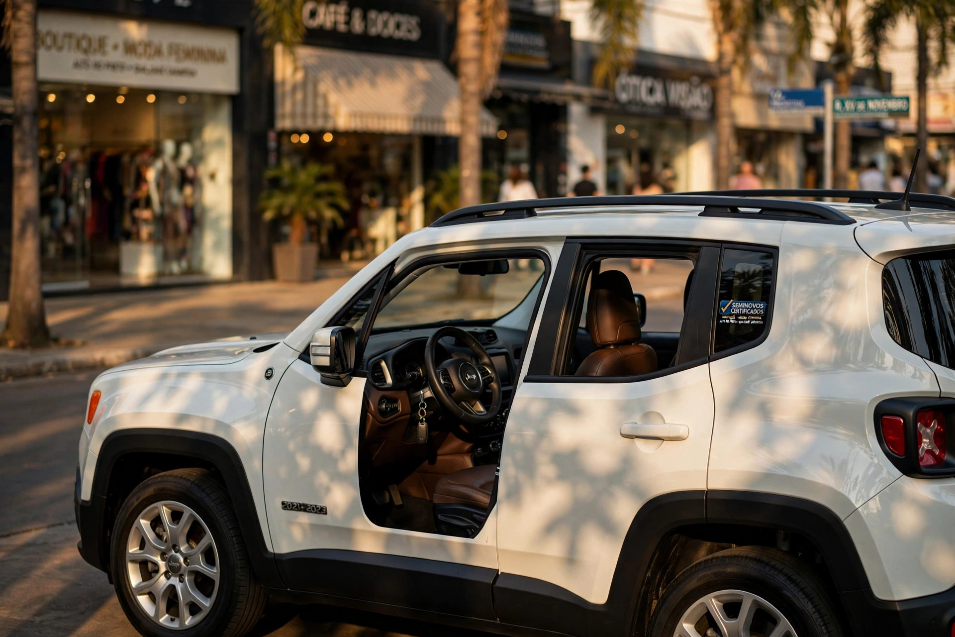 Jeep Renegade branco estacionado em rua urbana de Rio Preto
