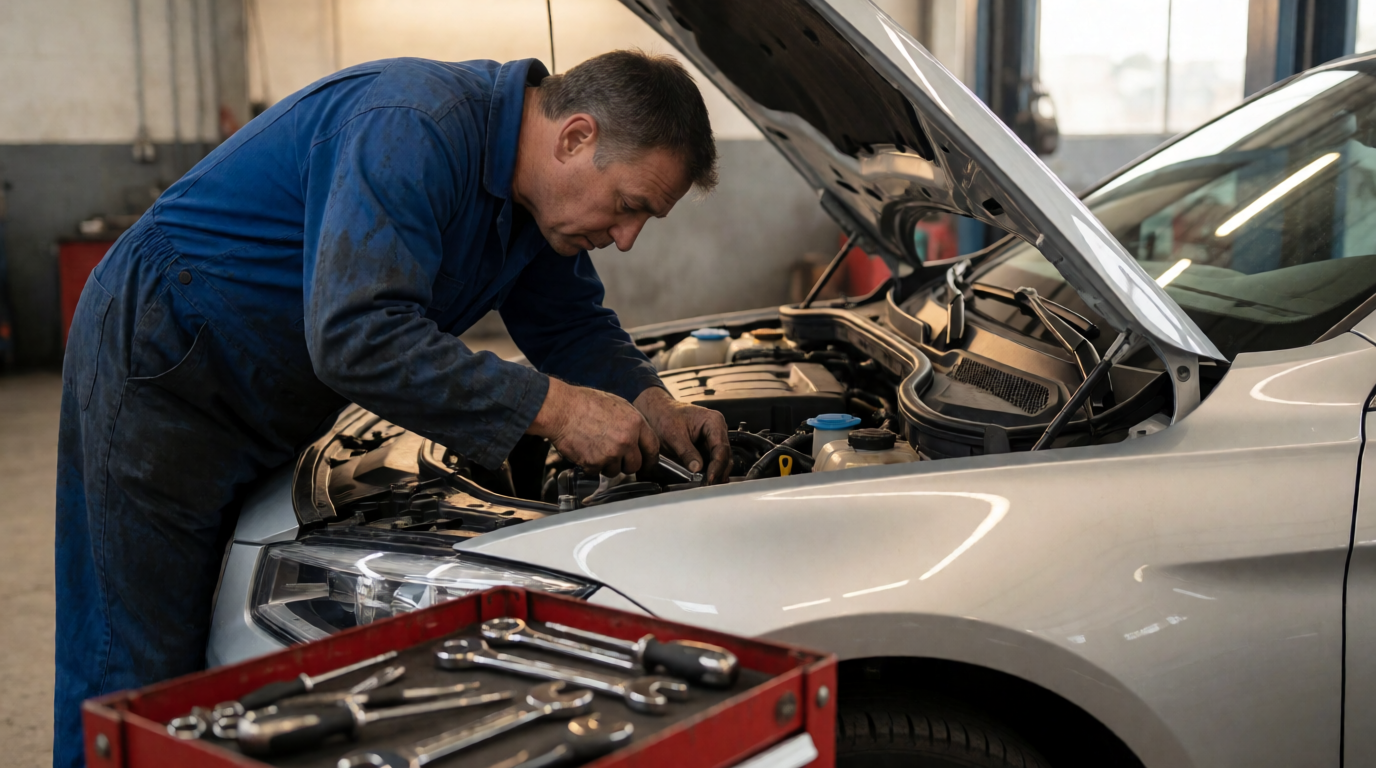 Mecânico inspecionando motor de carro seminovo