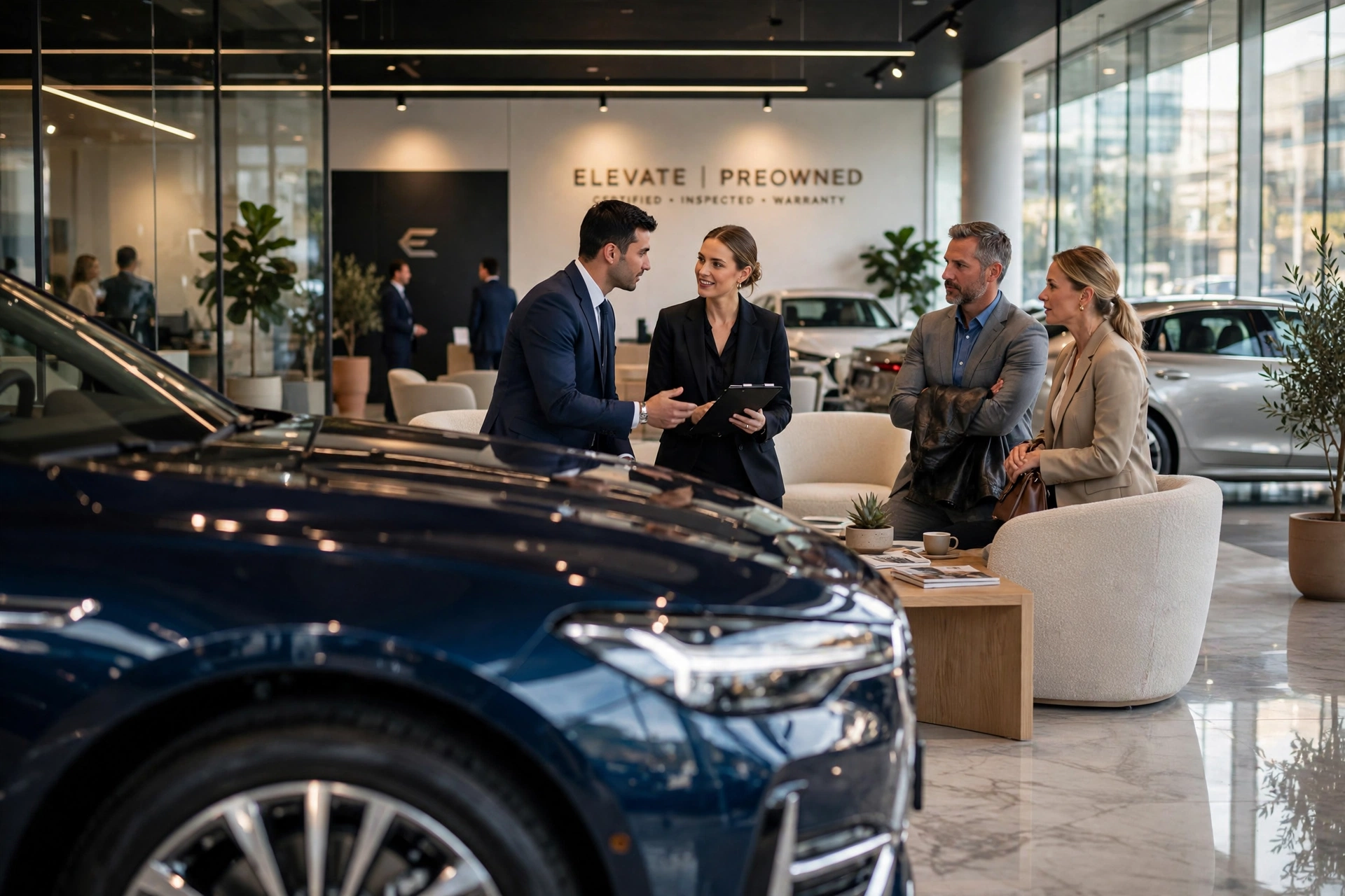 Interior de loja de veículos premium com consultores atendendo