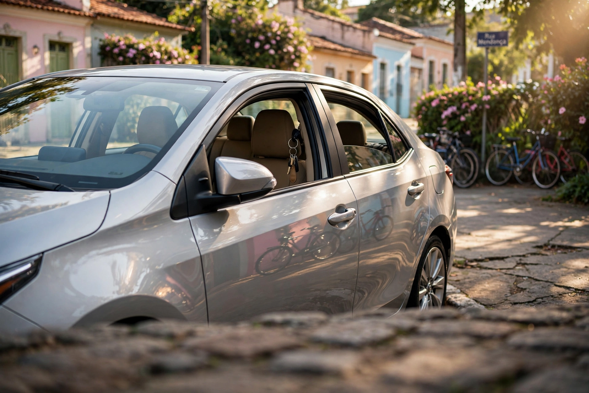 Toyota Corolla prata estacionado em rua residencial de Mendonça