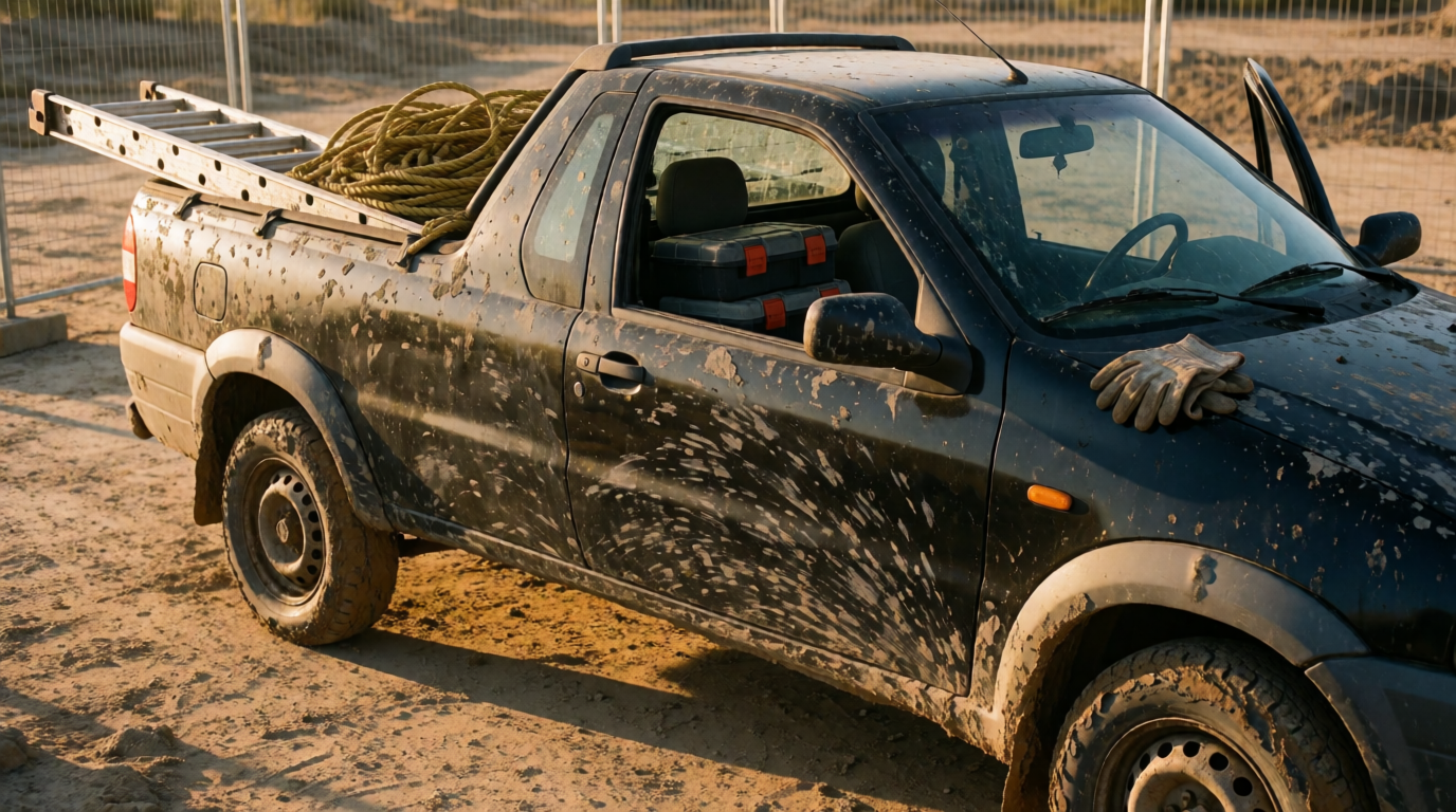 Fiat Strada preta carregando equipamentos profissionais