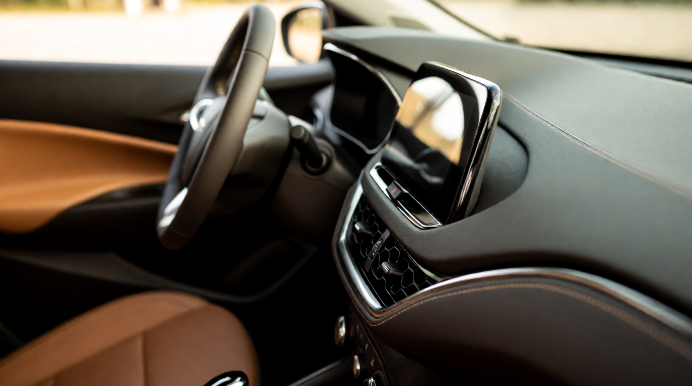Interior premium do Chevrolet Onix LTZ com tela de 8 polegadas e bancos em couro