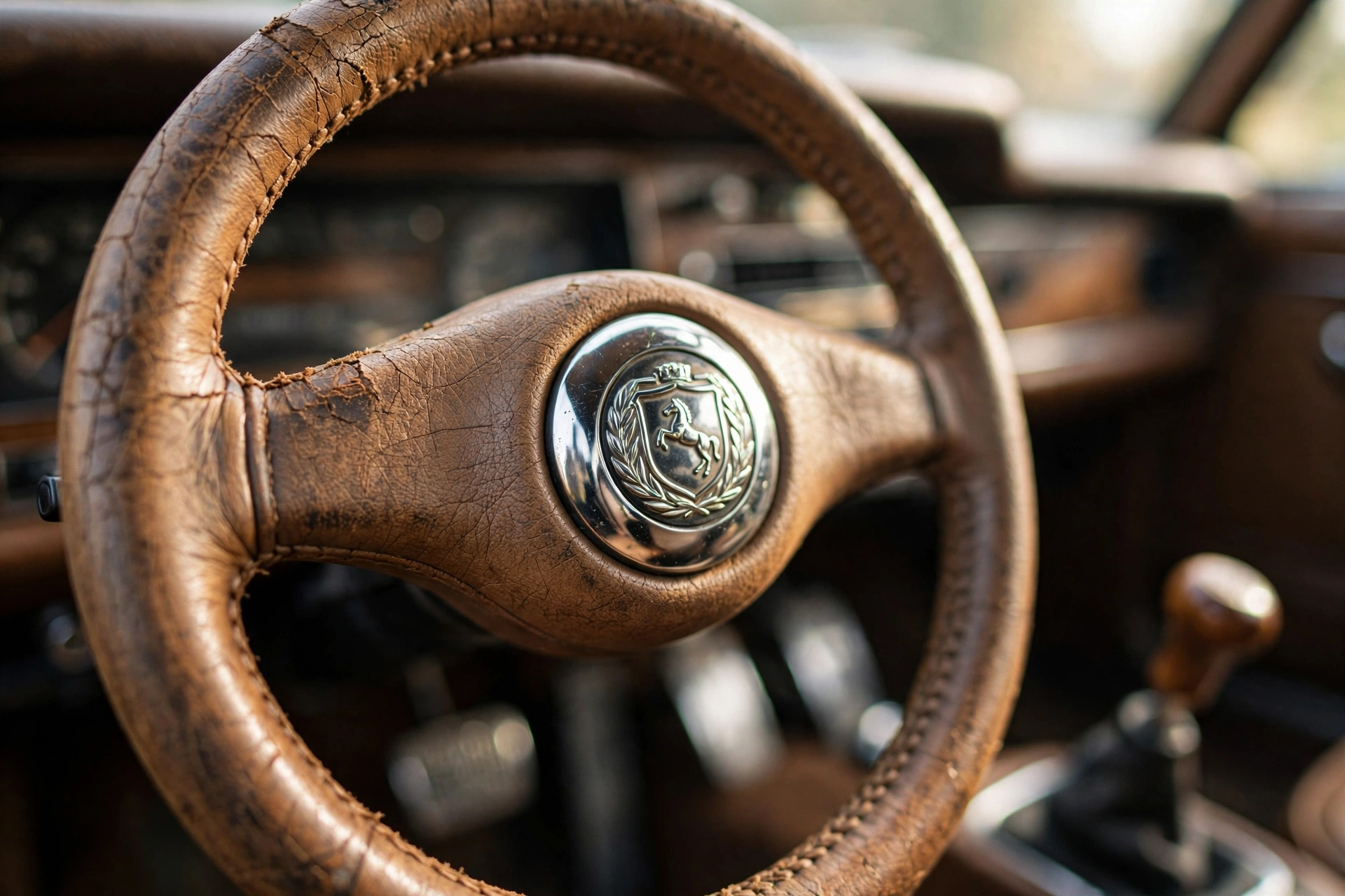 Detalhes do desgaste do volante e pedais de um carro usado