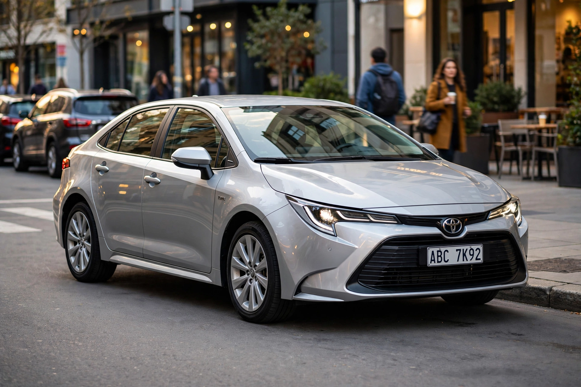 Toyota Corolla prata estacionado em ambiente urbano