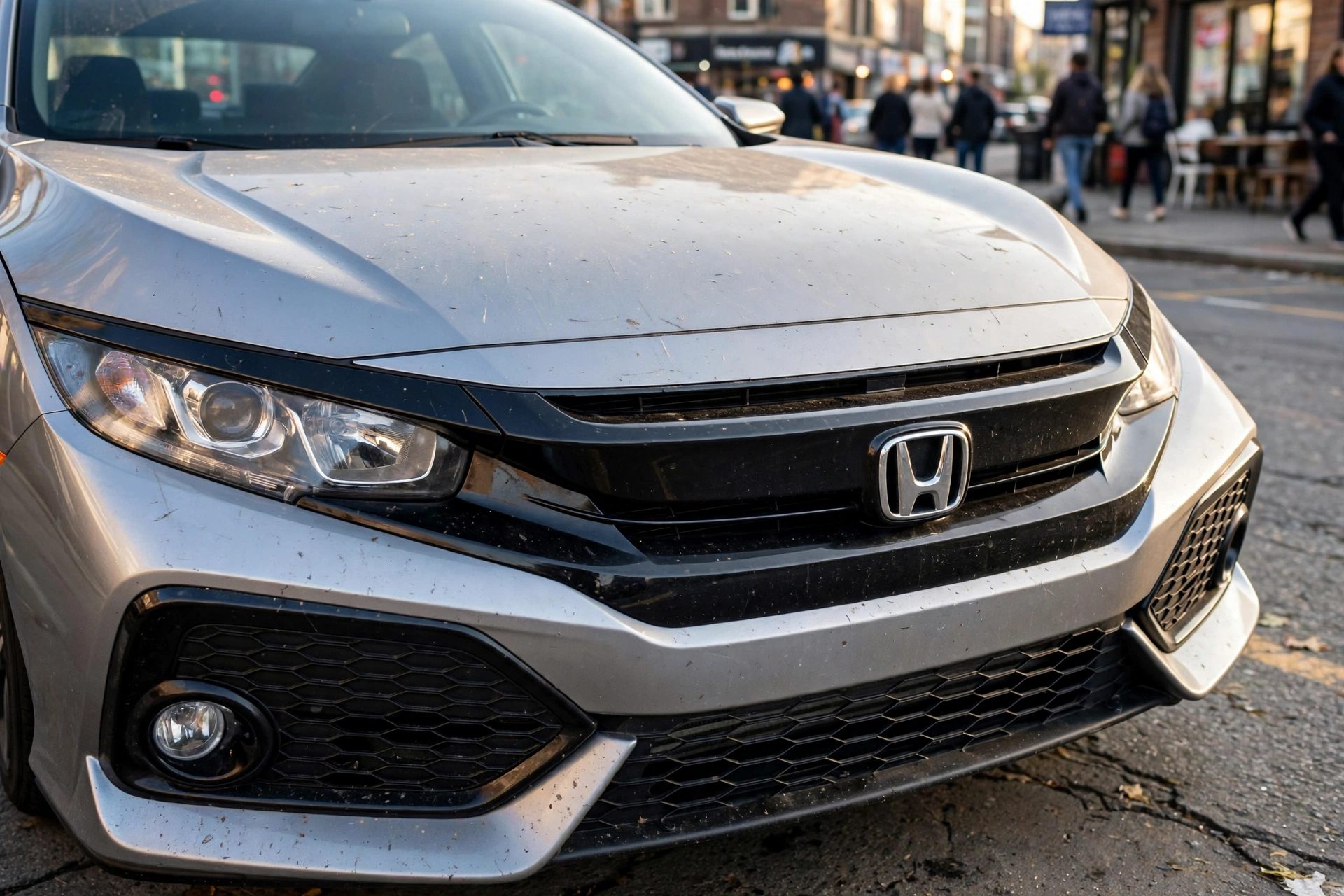 Honda Civic seminovo prata estacionado em via urbana