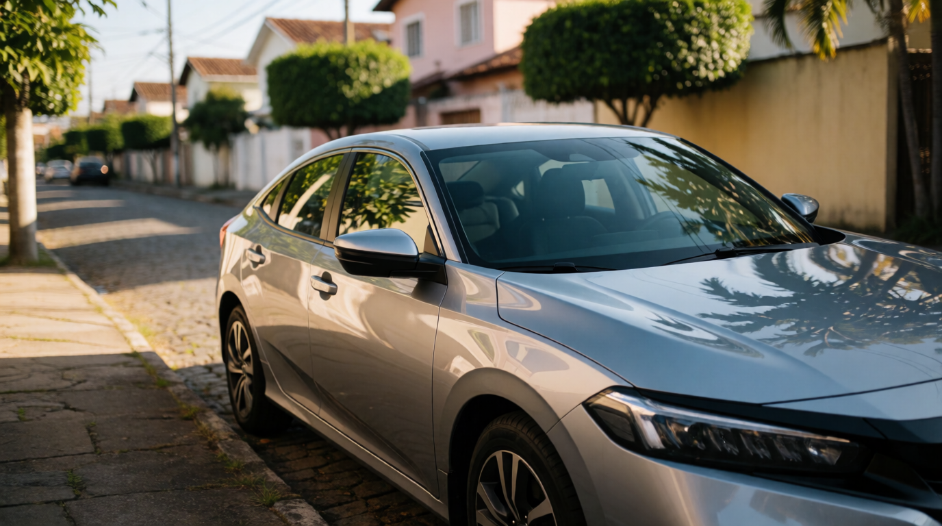 Honda Civic prata estacionado em rua residencial de Catanduva