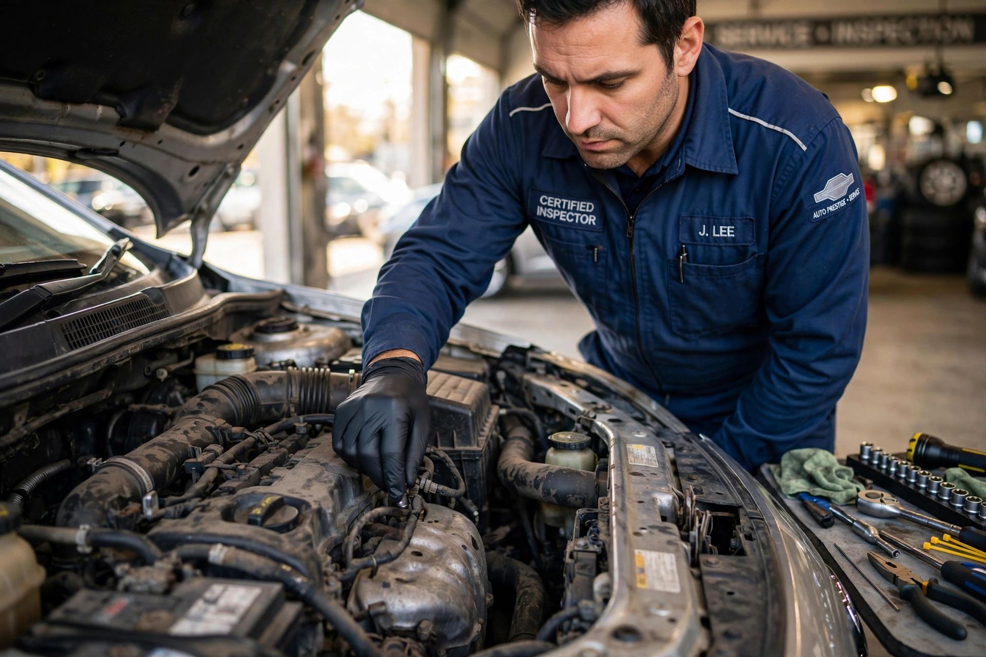 Especialista realizando vistoria técnica no motor de um carro hatch usado