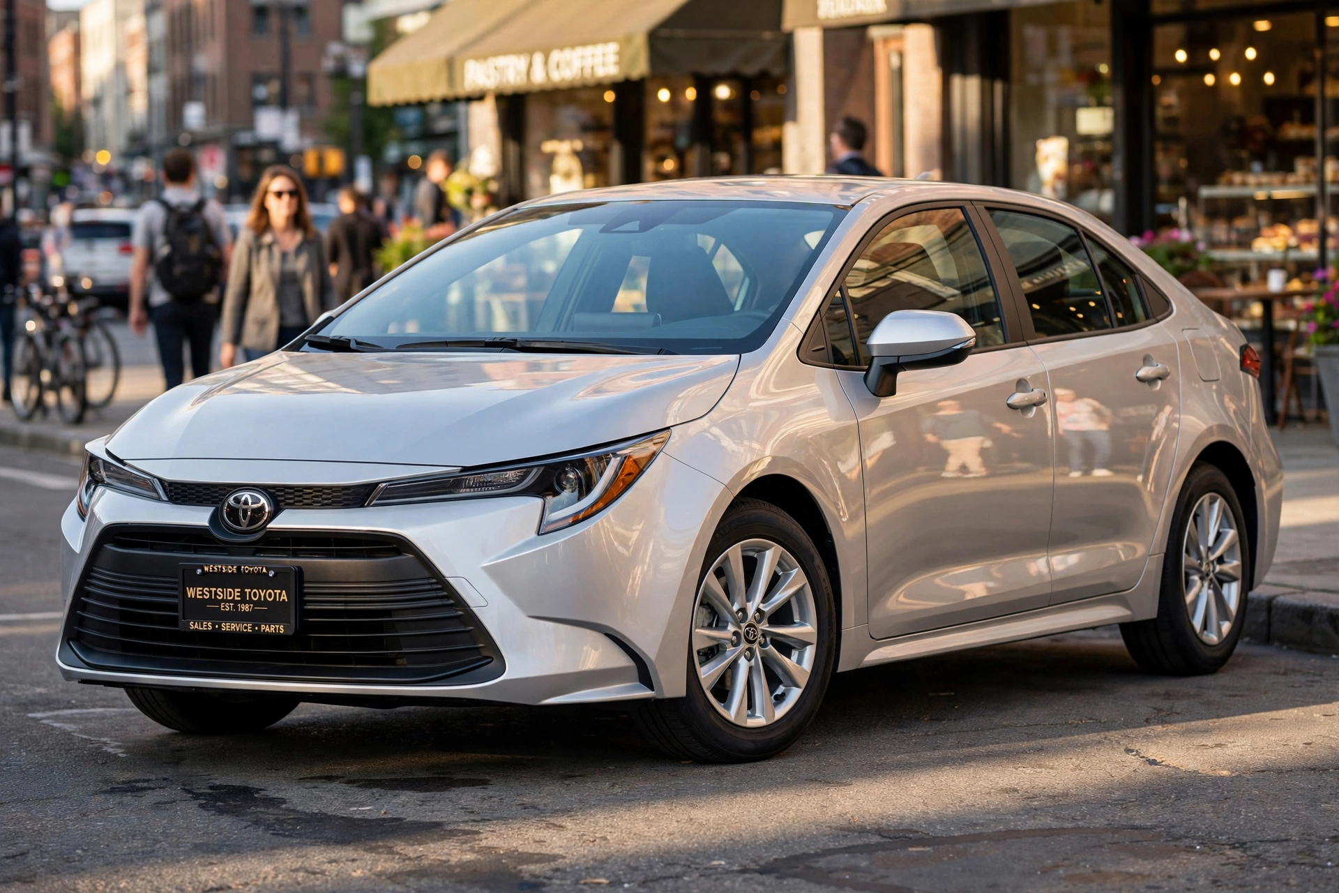 Toyota Corolla prata estacionado em ambiente urbano