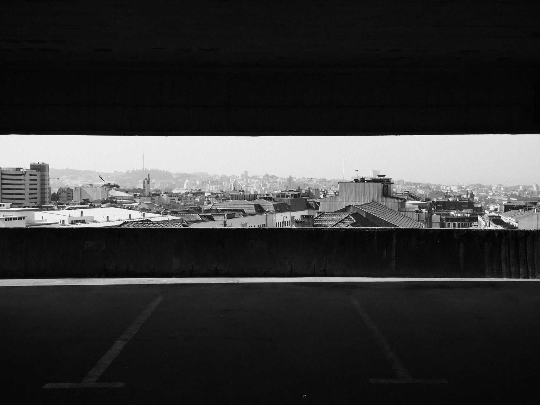 Monochrome view from a parking lot overlooking an urban skyline.