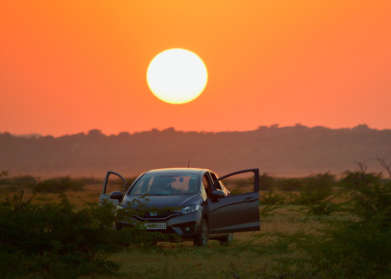sunset, car against sunset, nature, indian desert, honda jazz