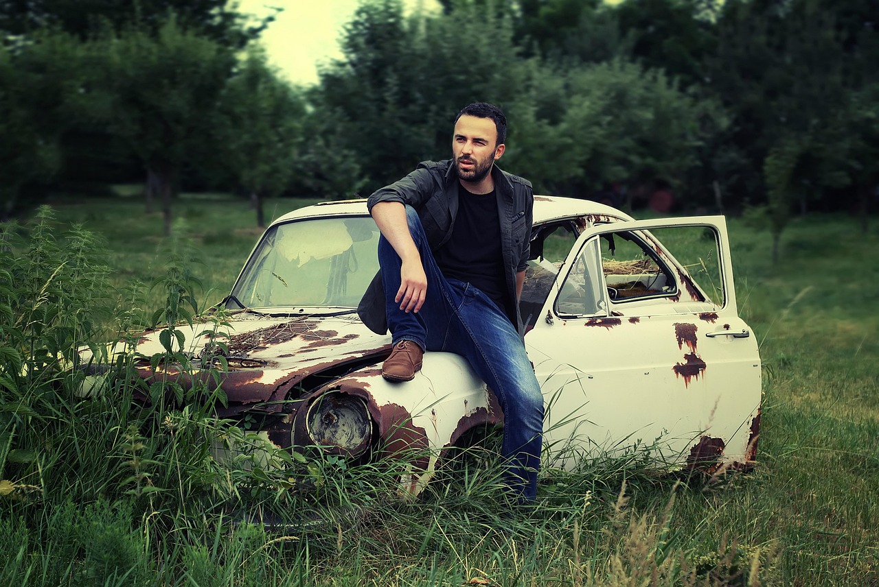 man, portrait, fashion, adult, style, men's fashion, old car, abandoned car, broken car, car wallpapers, modeling, pose, posing, outdoors, nature, sitting, relaxed, classic car, old, car, vintage, auto