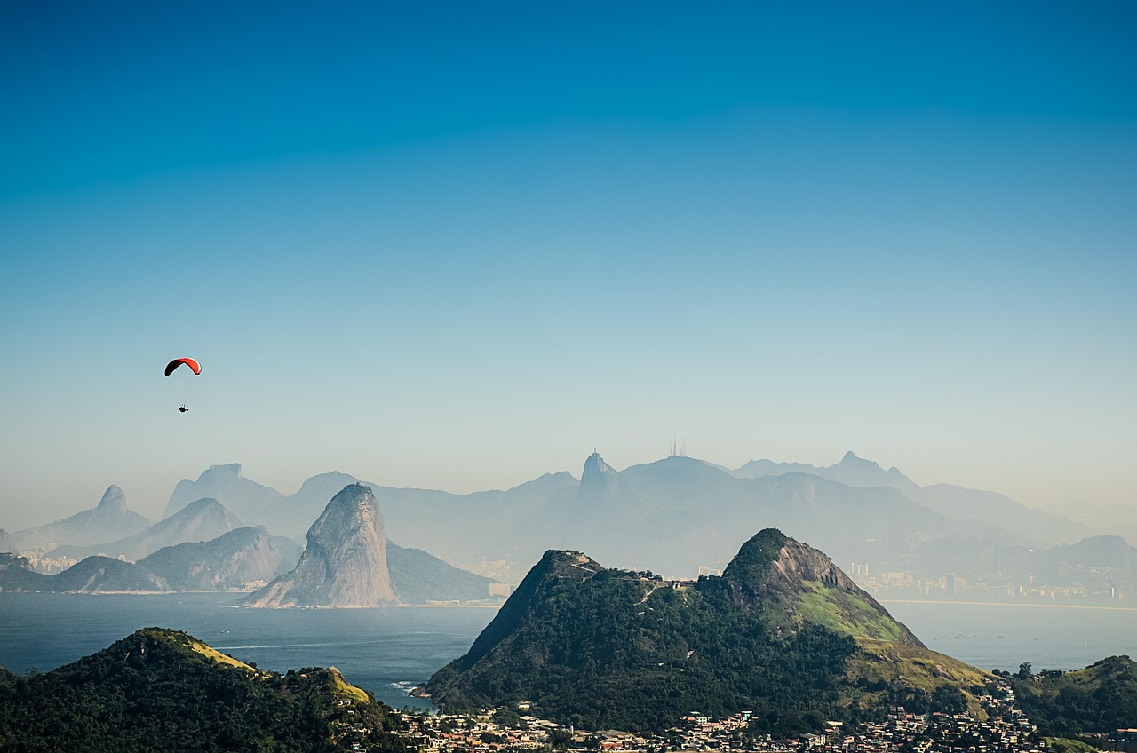rio de janeiro, view, landscape, brazil, nature, mountains, bay, city park, city, paragliding