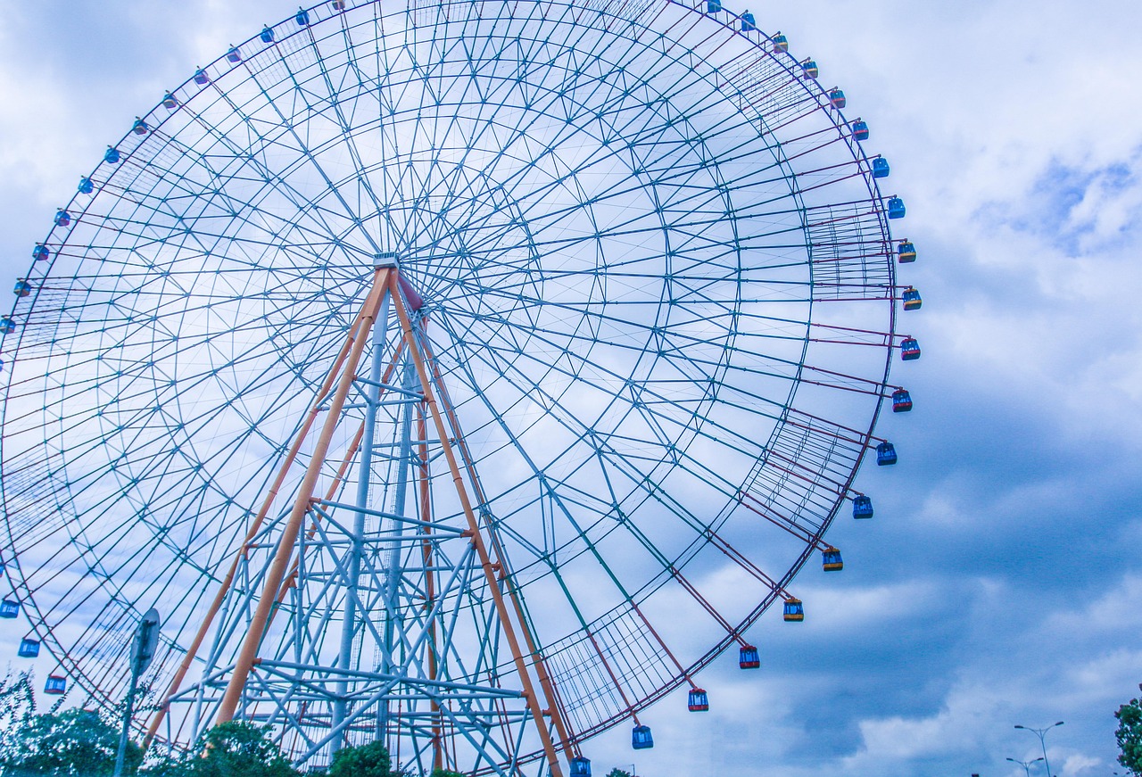 ferris wheel, wide angle, blue, fresh