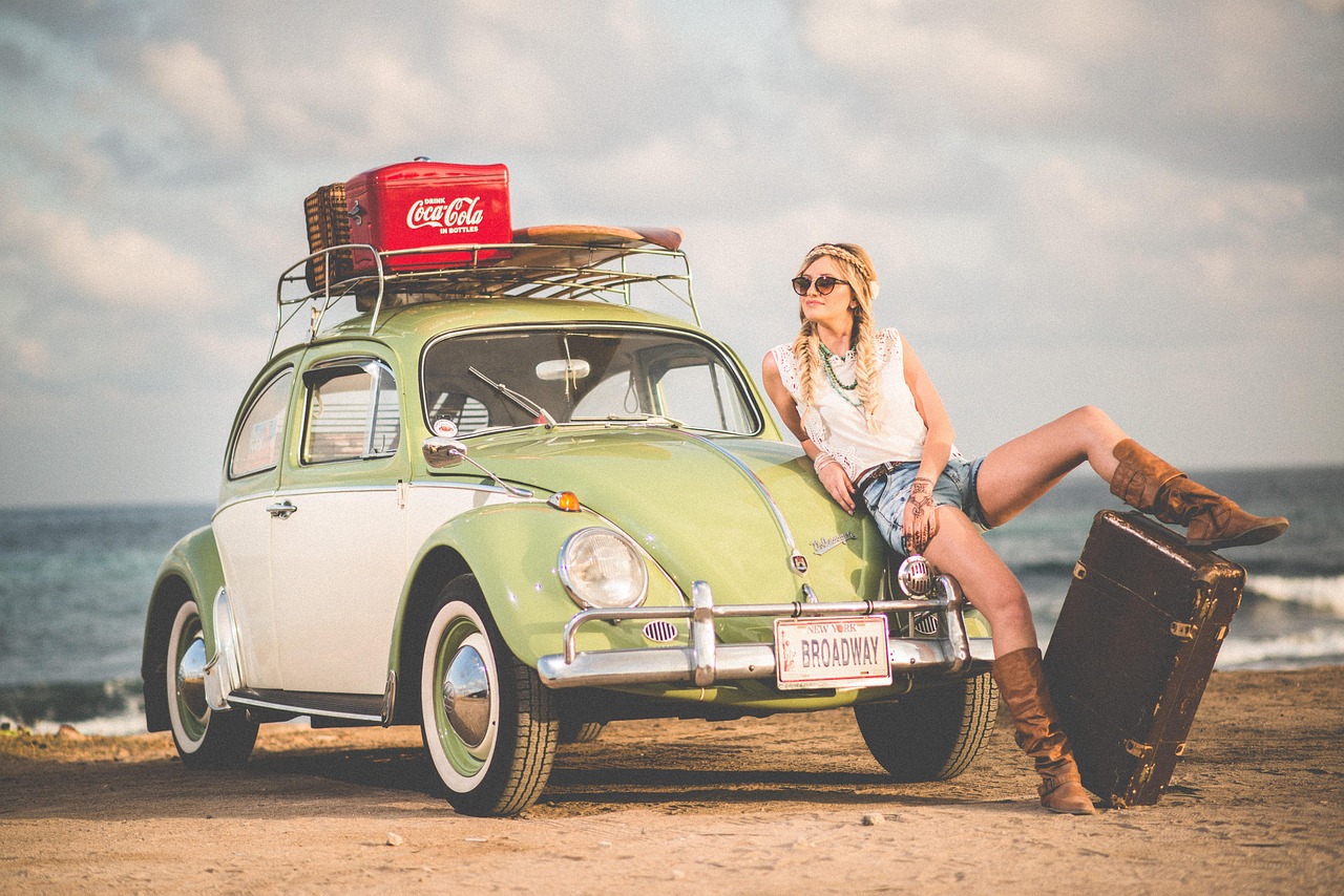 woman, model, hippie, fashion, style, stylish woman, volkswagen, beetle, car, car wallpapers, classic, vintage, automobile, automotive, beach, sand, seashore, vehicle, nature, classic car, boots, leather boots, modeling, pose, posing