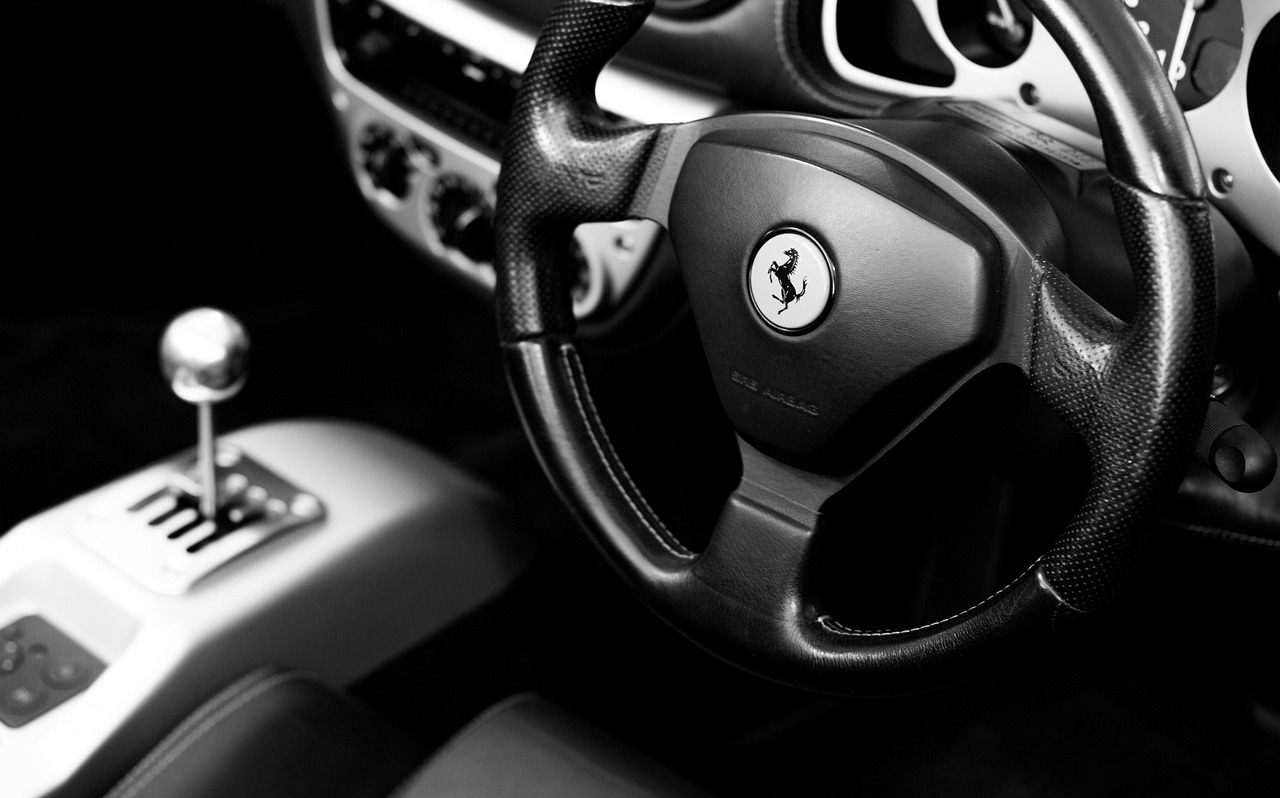 ferrari 360, ferrari, automobile, steering wheel, supercar, interior, car interiors, car wallpapers, car, vehicle, auto, luxury, modern, speed, fast, transportation, power, design, sportscar, automotive, technology, steering, luxury car, monochrome, black and white