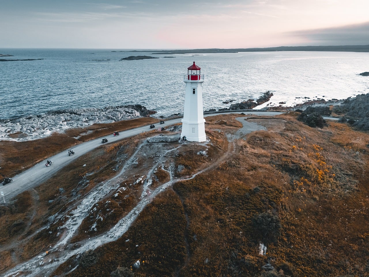 lighthouse, landscape, canada, cape breton, nova scotia, ocean, nature, sunset, motorcycle, biker, atlantic, sea, destination, water, louisbourg, road, coast, journey, natural, view, travel, rural