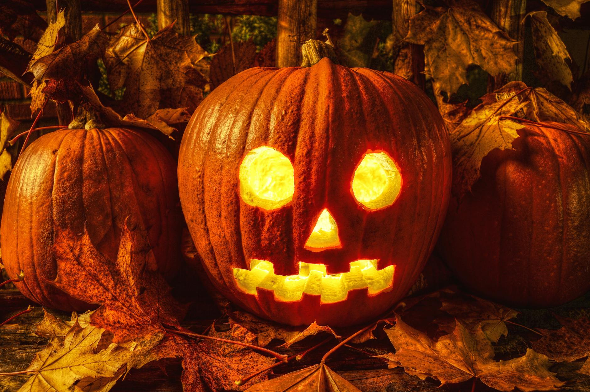 A glowing jack-o'-lantern surrounded by autumn leaves, perfect for Halloween themes.