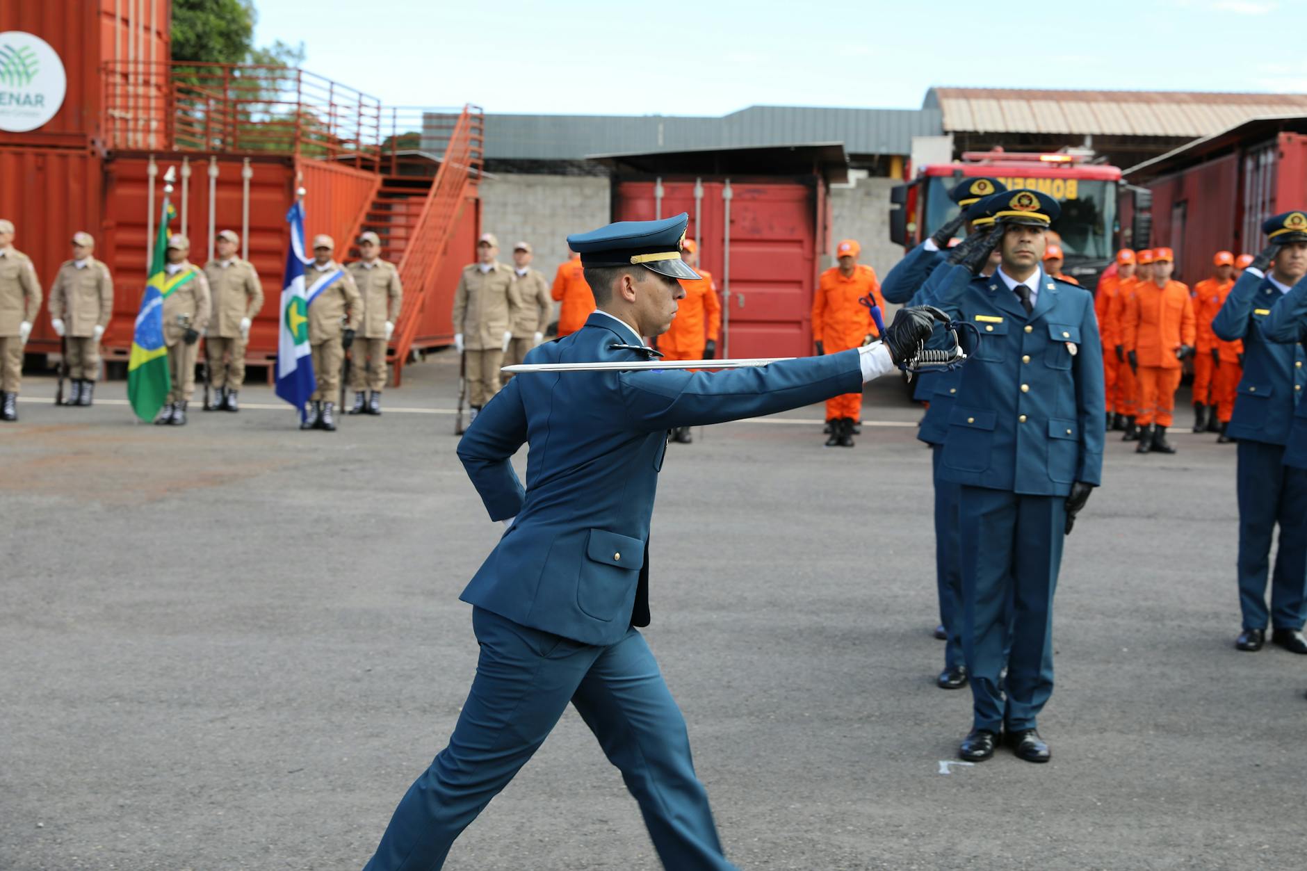 Official ceremony featuring military parade and firefighters in Mato Grosso, Brazil.