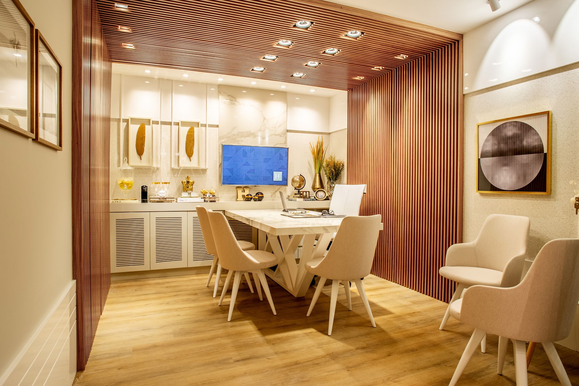 Modern dining room with elegant decor, featuring a stylish table and chairs set, cozy lighting, and artwork.