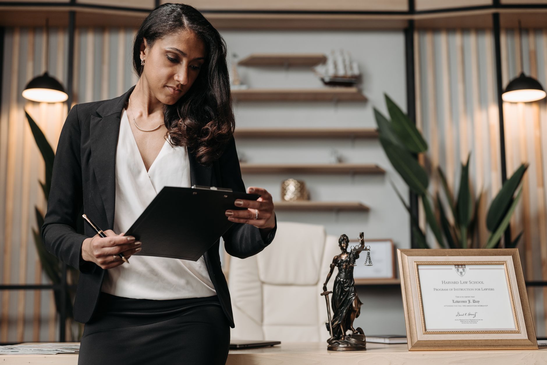 Confident businesswoman reviewing paperwork in a modern law office setting.
