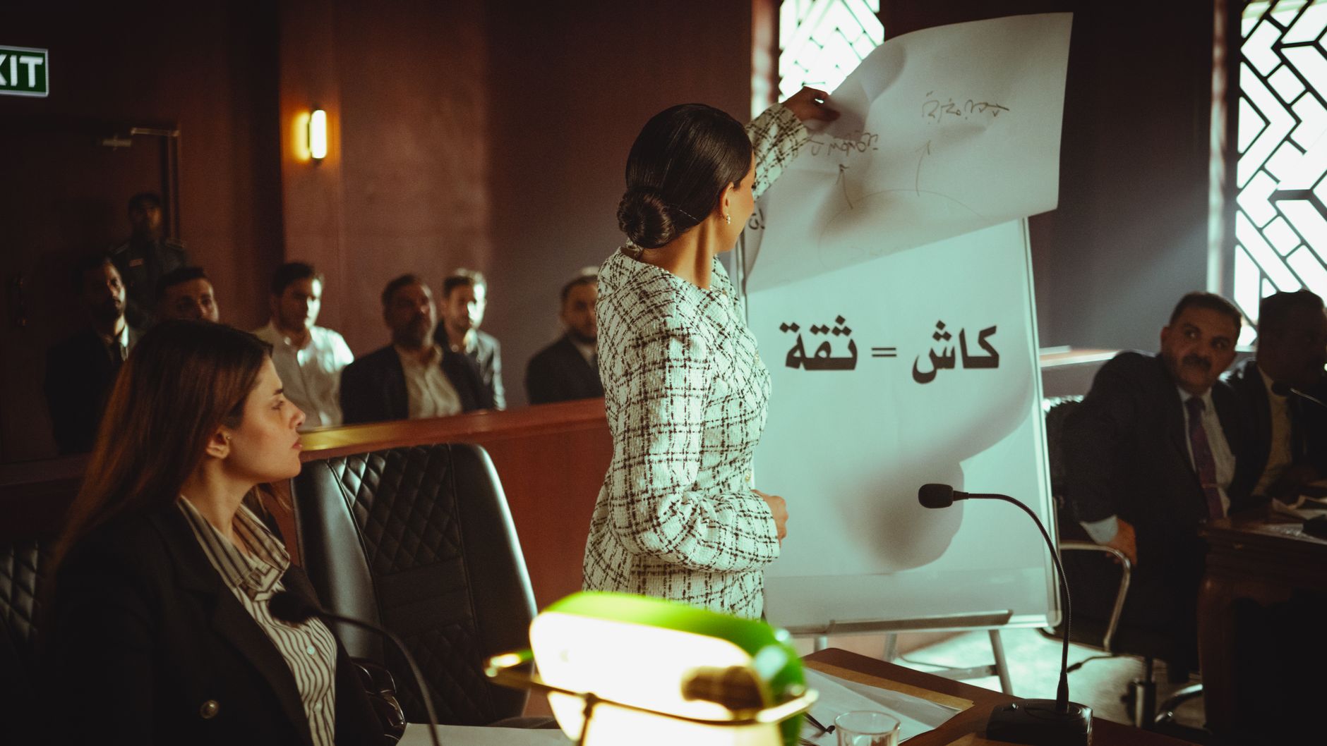A professional woman presents to a courtroom in Baghdad, Iraq, emphasizing strategy.