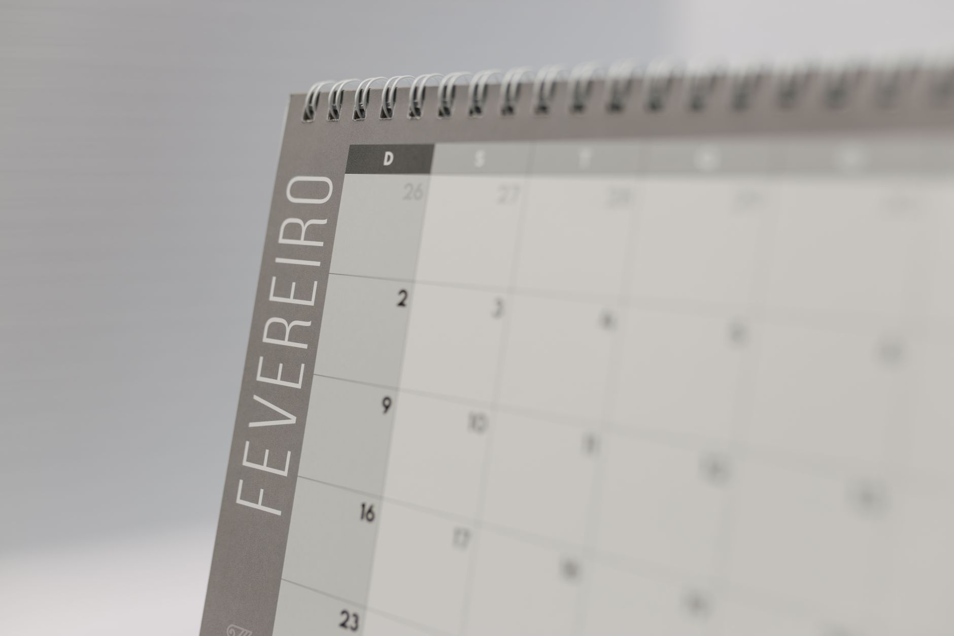 Close-up of a minimalist February calendar page with soft focus.
