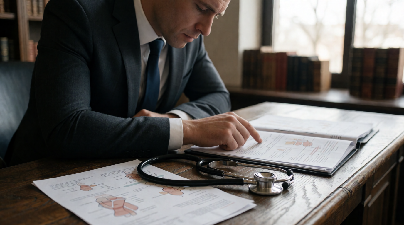 Advogado analisando laudo médico de candidato a concurso público
