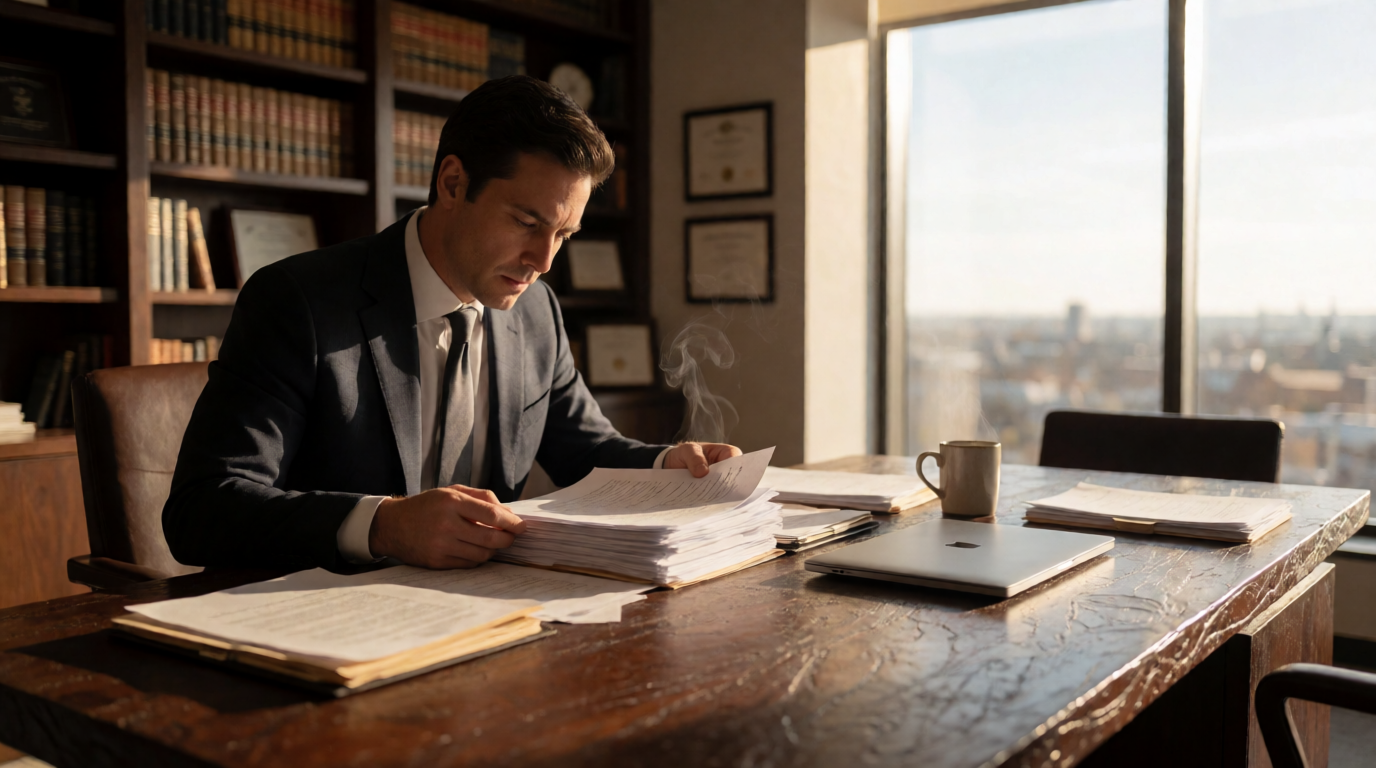 Advogado analisando documentos jurídicos em escritório