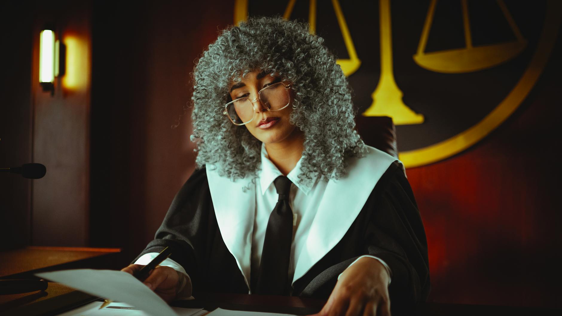 Martelo de juiz com bandeira brasileira em sessão judicial sobre concursos