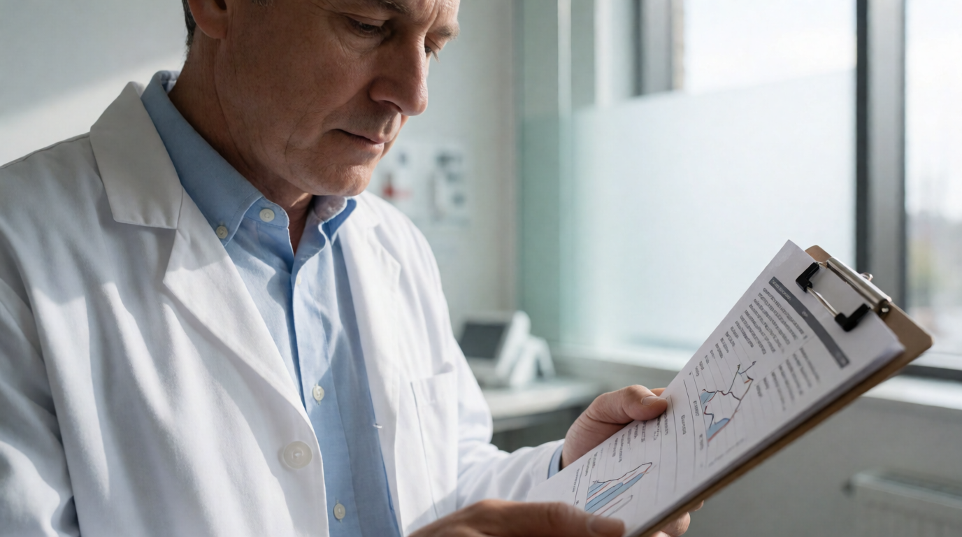 Médico analisando laudo médico de candidato em consultório