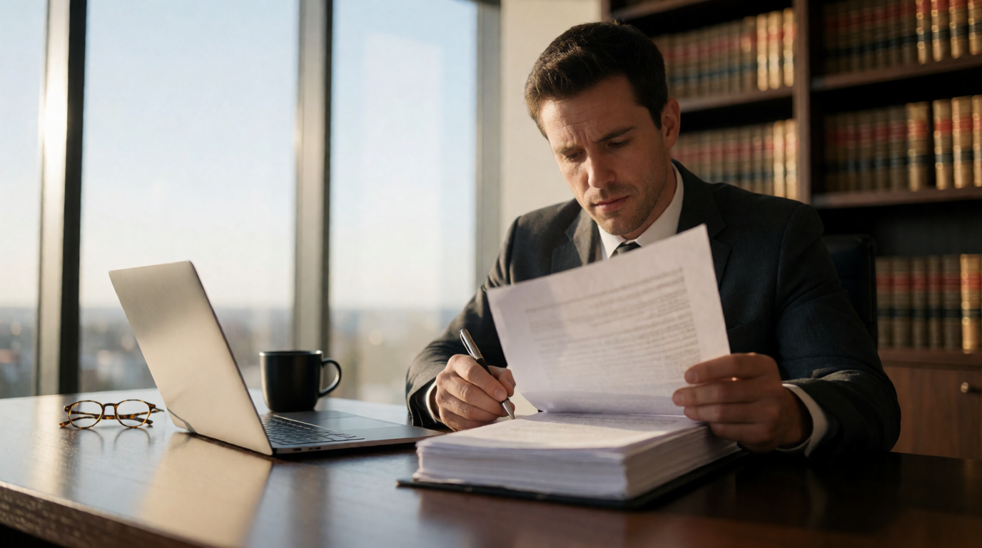Advogado analisando documentos no escritório