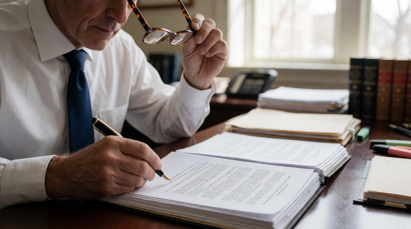 Advogado analisando processo administrativo disciplinar no escritório
