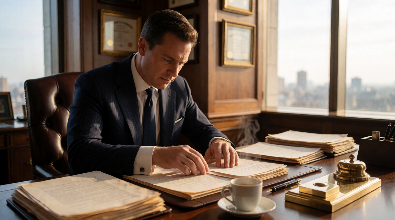 Advogado analisando documentos de investigação social no escritório
