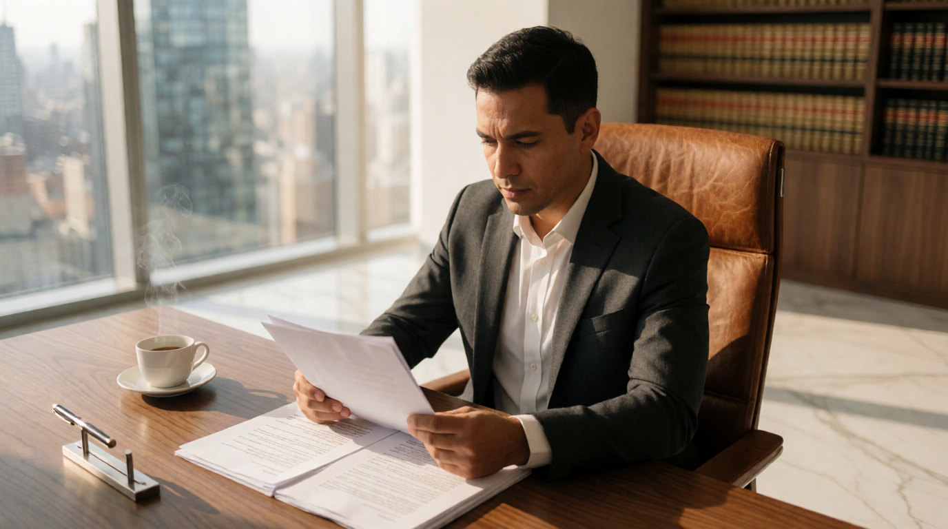 Advogado analisando documentos no escritório