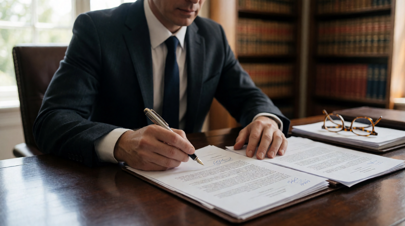 Advogado analisando documentos no escritório
