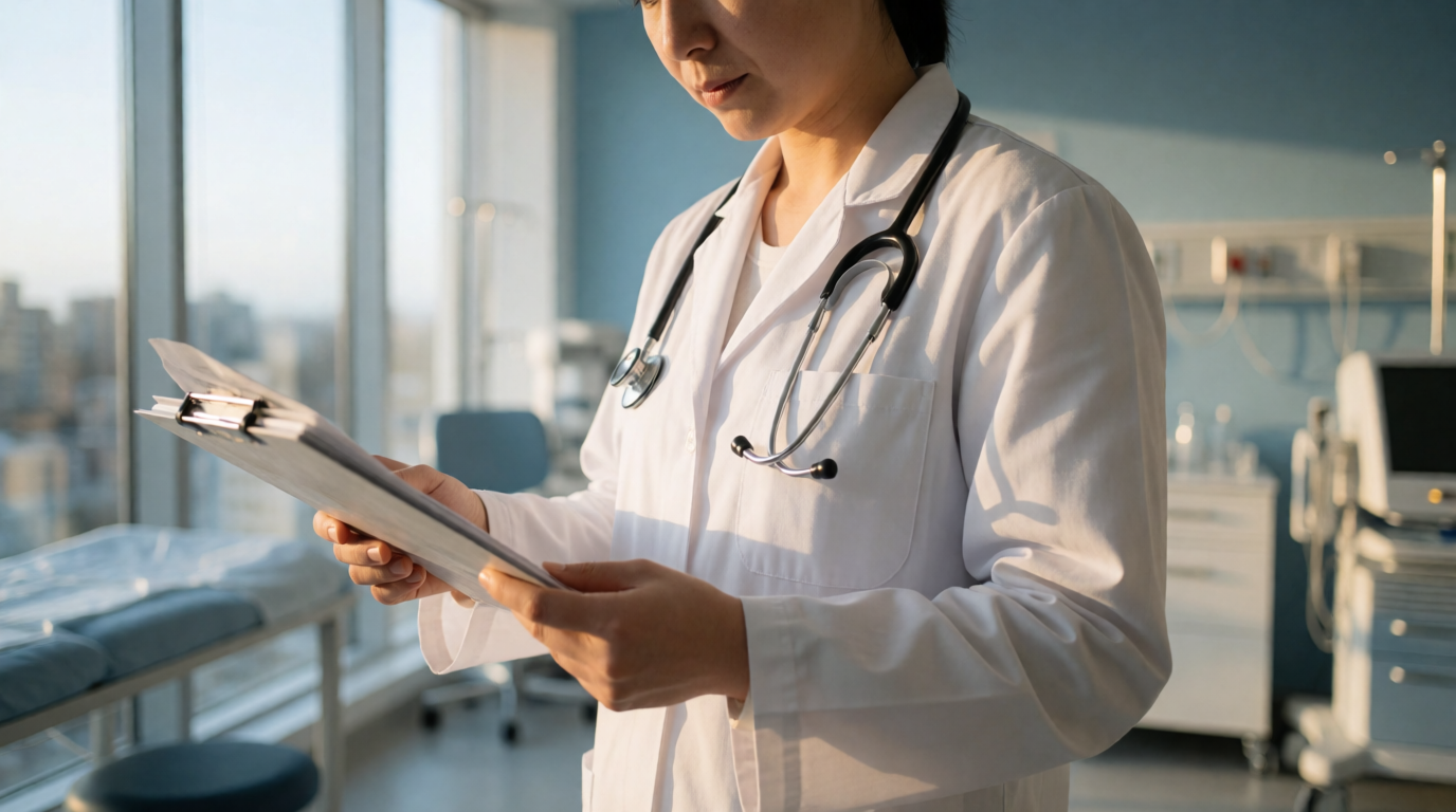 Médico examinando prontuário de paciente em consulta
